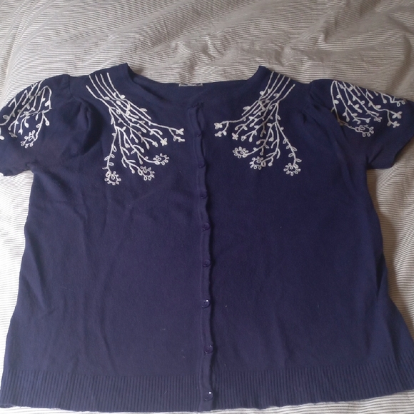 Sweaters - Navy Blue Embroidered Women's Shortsleeve Sweater
